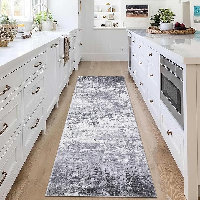 ROYHOME 2x6 Modern Abstract Runner Rug, Light Grey | Non Slip Soft Rug Stain Resistant Rugs Low Pile Non Shed Machine Washable for Hallway Kitchen Bathroom