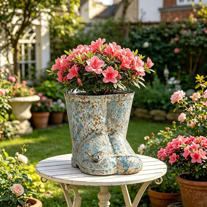 Vintage Galvanized Metal Rain Boot Planter with Bird Accent, Rustic Farmhouse Boot-Shaped Flower Pot, Decorative Indoor Outdoor Planter for Succulents, Herbs, Garden & Porch Decor