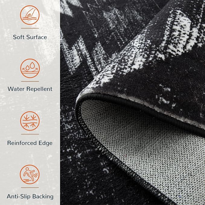 3'x4' Washable Area Rug for Living Room Bedroom Black | Soft Western No Slip Low Pile Print Foldable Indoor for Kitchen Dining Room