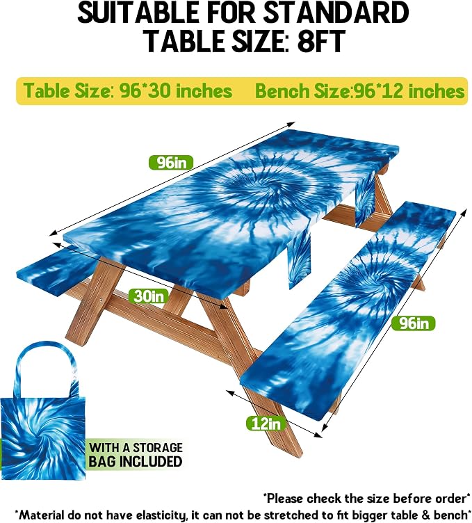 Wrakus Picnic Table Cover with Bench Covers Camping Essentials Windproof Waterproof Patio Outdoor Tablecloth with Storage Bag, Fitted Rectangle Tables and Seats Tablecover for Rv Owner Camper 96in