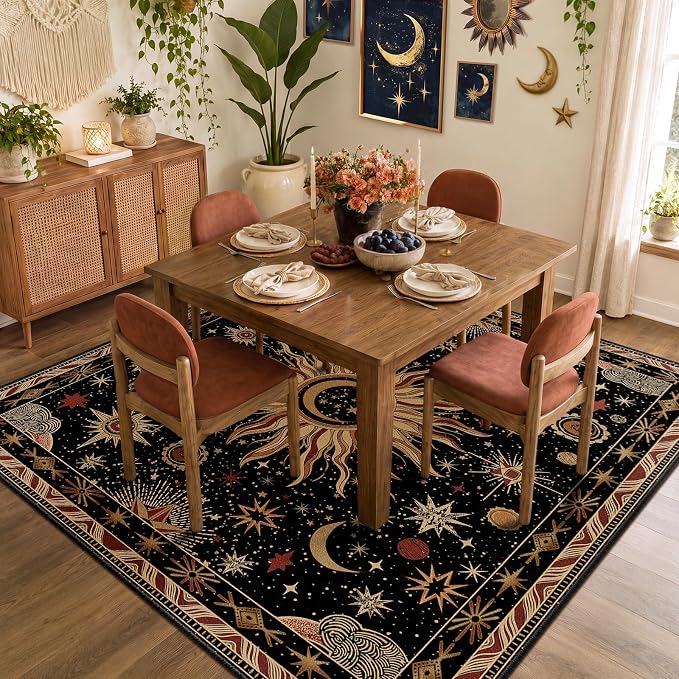 Vacuum-Friendly, Square 8ft Washable Area Rug, Black Gold Beige Red | Sun and Moon Boho Gothic Non-Slip Low Pile Living Roon Bedroom Dining Room Kitchen Entry Entryway Entrance Hallway Doormat