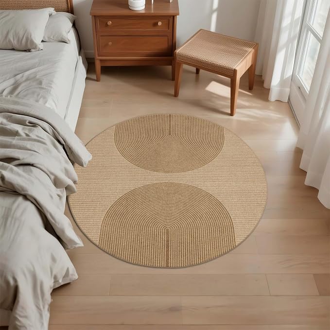 Easy Jute Round Rug 4ft: Outdoor Natural Area Rugs for Front Patio Linen-Look Fabric Durable - Neutral Washable Carpet Mat for Entryway Bedroom Bathroom Non-Slip - Geometric Arch Pattern