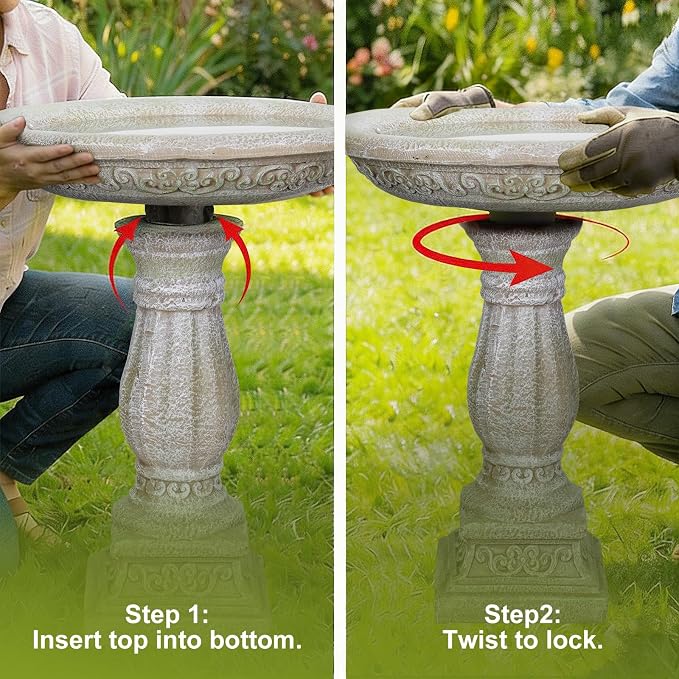 SKYFIRE 23.8" Tall Pedestal Bird Bath for Outdoor, Antique Weathered Concrete Birdbath with Decorative Carving, Durable Freestanding Fiber-Reinforced Cement Bird Bath for Garden, Patio, Lawn, Backyard
