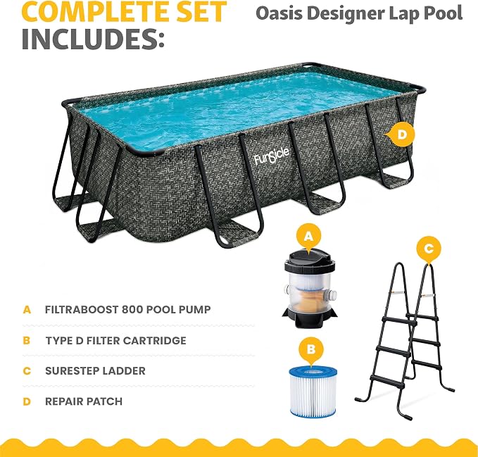 Funsicle Oasis Designer Lap 13' x 7' x 39.5” Rectangular Above Ground Swimming Pool, with FiltraBoost 800 GPH Filter Pump, Ladder & Repair Patch, Dark Herringbone | Rectangular Pool with FiltraBoost 800 GPH Filter Pump, Ladder & Repair Patch, Dark Herr...