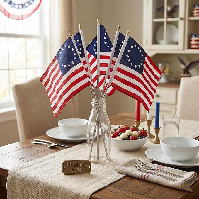 TOPFLAGS Small Betsy Ross Flags 12x18 on Stick 6 Pack Mini 13 Star Bennington US Flags Metal Handheld Pole for Outside 4th of July USA 250th Anniversary Memorial Day Patriotic Decorations