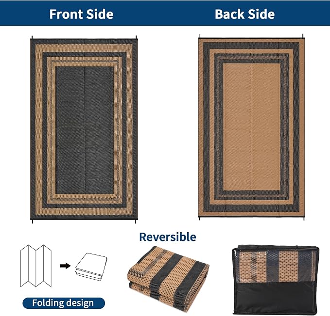 Garvee Outdoor Rug 9x18 Outdoor Patio Rug Reversible Plastic Straw Rugs Waterproof Foldable Mat Easy Clean Lightweight Carpet for Backyard Camping Porch RV Beach Balcony Deck Picnic Panel Brown