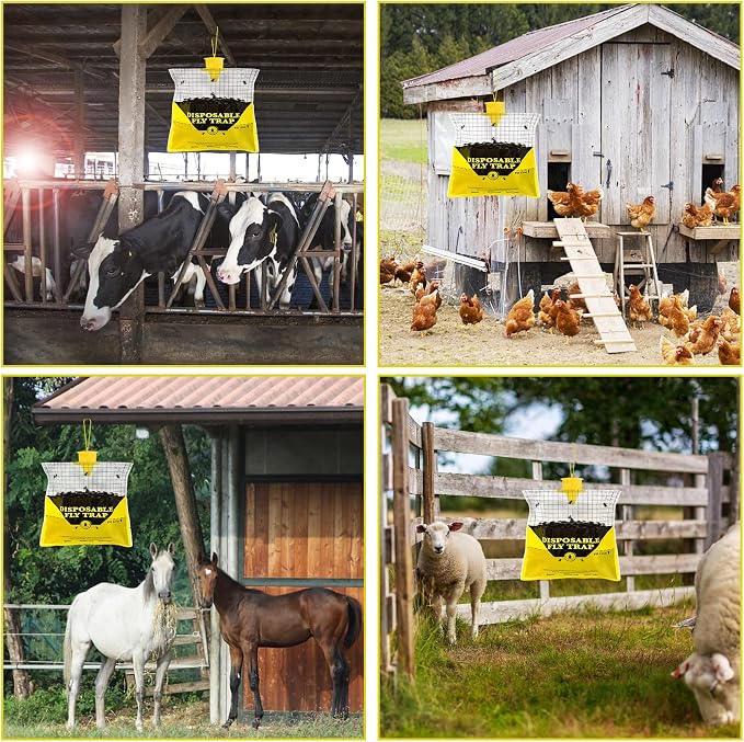 Glovv Fly Traps Outdoor Hanging with Fly Bait, 12 Pack Disposable Bags Hunter Ranch Trap, Flies Control Bug Catcher Killer Repellent for Stable Horse Barn & Farm