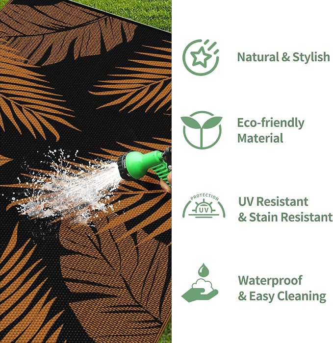 GENIMO Outdoor Rug 6' x 9' Waterproof for Patios Clearance, Reversible Outdoor Plastic Straw Camping Rug Carpet, Large Area Rugs Mats for RV, Camper, Deck, Balcony, Porch, Beach, Picnic, Orange&Black