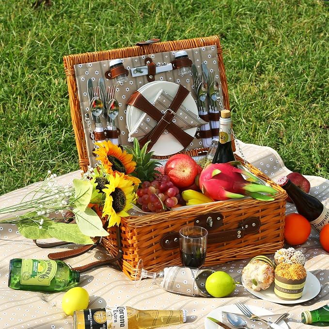 Picnic Basket Set for 4 with Waterproof Blanket Mat Insulation Bag Wicker Floral Brown Classic Fresh for Christmas Thanksgiving Wedding Birthday Camp Outdoor Beach Travel