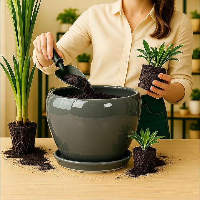 Deep Dream 10 Inch Plant Pot- Ceramic Planter Pot Round Plant Pots for Indoor Plants Outdoor Large Flower Pot with Drainage Holes & Trays, Grey
