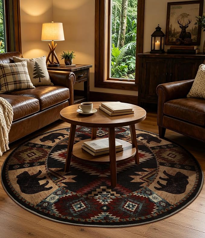 YIHOUSE Southwestern Round Rug 4ft, Low Pile Soft Circle Rug with Non-Slip Backing, Western Rustic Washable Rugs for Living Room, Bedroom