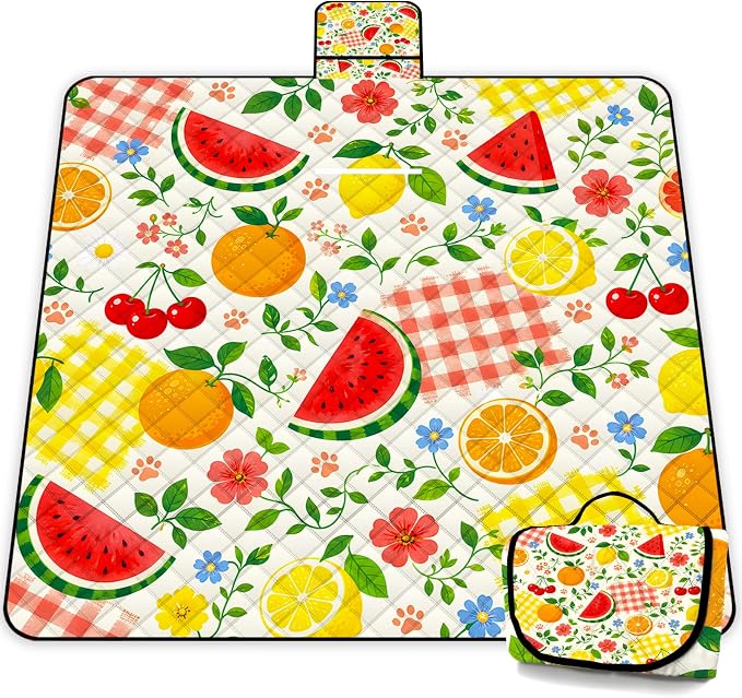Extra Large Picnic Blanket Waterproof,80"x 80"Foldable Machine Washable Outdoor Blanket,Fruit Beach Blanket for 6-8 Adults,Picnic Mat Suitable for Indoor Crawling,Park Beach,Camping,Hiking,Travel