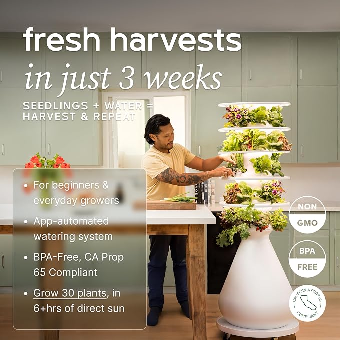 Lettuce Grow Farmstand Starter Kit with Glow Rings + 30 Seedling Credits | 5 ft Vertical Hydroponic Garden Tower | Self-Watering Family Growing System for Vegetables, Herbs & Greens