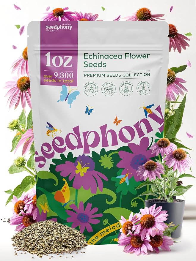 Seedphony Echinacea Seed Pack 1 oz - 9,300 Non-GMO Heirloom Echinacea Seeds for Planting, Perennial Flowers in Waterproof Seed Packet, Coneflower Seeds for Planting Garden Indoor & Outdoor Gardening