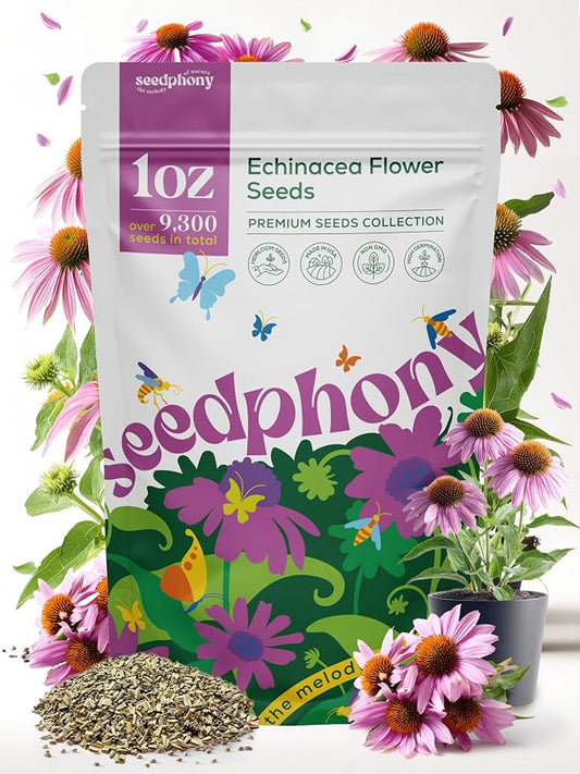 Seedphony Echinacea Seed Pack 1 oz - 9,300 Non-GMO Heirloom Echinacea Seeds for Planting, Perennial Flowers in Waterproof Seed Packet, Coneflower Seeds for Planting Garden Indoor & Outdoor Gardening