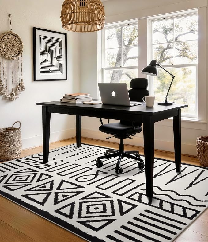 Living Room Rug 6x9- Black and Cream Rug for Bedroom Dining Room, Abstract Modern Washable Non-Slip Ultra-Thin Area Rug Symbol,6x9ft
