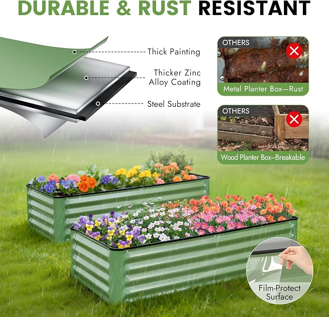 INNO STAGE Galvanized Raised Garden Bed Kits, 4x2x1ft Metal Raised Garden Beds Outdoor, Steel Raised Planter Bed with Gloves for Vegetables & Flowers Patio Ground Planter Box (Olive Green, 2PCS)