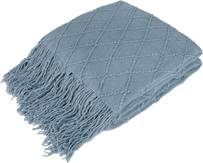 PAVILIA Dusty Blue Knit Throw Blanket for Couch, Twin Bed, Soft Knitted Farmhouse Sofa Throw for Living Room, Lightweight Decorative Summer Blanket for Chair, Outdoor Textured Boho Blanket, 60x80
