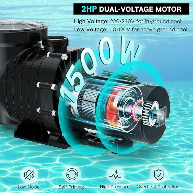 2HP Above/In Ground Pool Pump, 115V/230V 6900GPH Self Priming | High Flow Energy Efficient Pure Copper Motor, 1.5", 2", and 1.25"-1.5" Connectors, Strainer Basket & Drain Plug, Dual Voltage