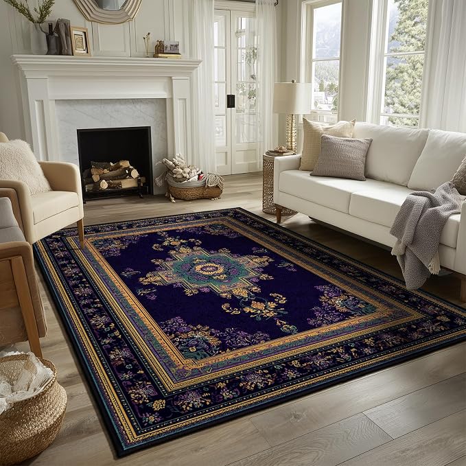 Vintage Boho Purple Area Rug 5x7 Violet Oriental Rugs Living Room Bedroom | Purple Gold Carpet, Soft Washable, Non-Slip Stain Resistant, Pet Friendly, Easy to Clean