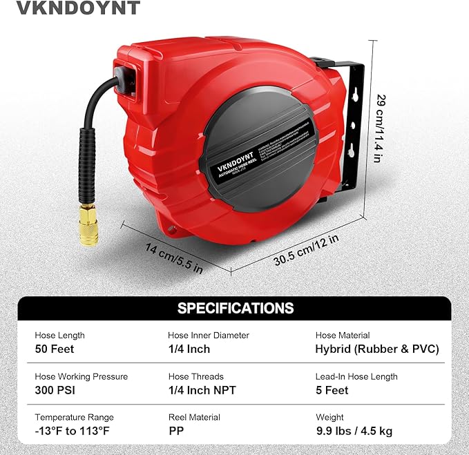 Vkndoynt Retractable Air Hose Reel, 1/4 IN x 50 FT Hybrid Polymer Hose, Auto Rewind, Wall Mount, Dark Gray/Red