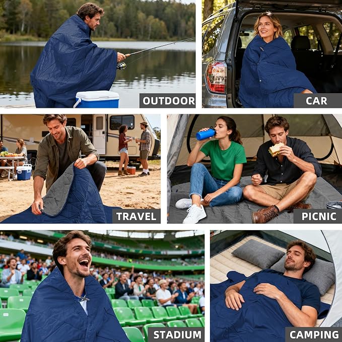 Large Waterproof Outdoor Blanket Thick Fleece 80" x 58" | Windproof Stadium Blanket, Wearable Poncho, Machine Washable for Camping, Car, Pet, Picnics - Deep Blue Hooded