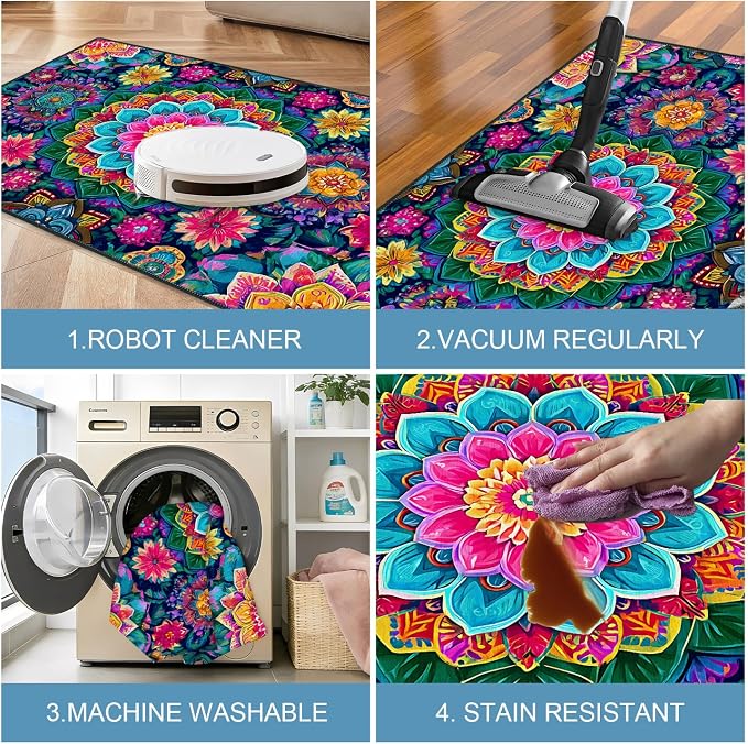 Vibrant Multicolor Mandala Floral 2x3 Entry Rug,Washable Small Rugs for Entryway Kitchen Bathroom Door Mat Indoor Entrance,Non Slip Rubber Backing,Stain & Fade Resistant,Boho Psychedelic Decor