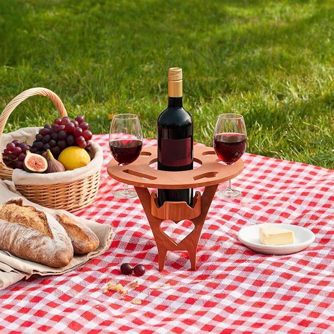 Foldable Wine Table Outdoor, Portable Mini Wooden Picnic Table Wine Glass Holder for Beach BBQ Camping Yard Lawn Party