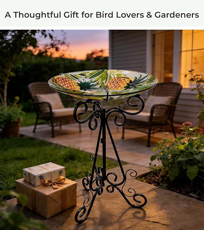 Large Bird Bath for Outside, Glass Bath Bowl with Metal Stand 28" H Standing Outdoor Birdbaths for Garden Yard Lawn Decor, Pineapple