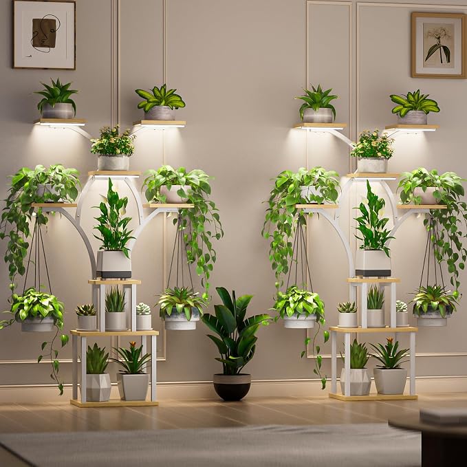 Elbourn 8 Tiered 60" Tall Plant Stand Indoor Shelf with Grow Lights (White) | Corner Shelf Decor