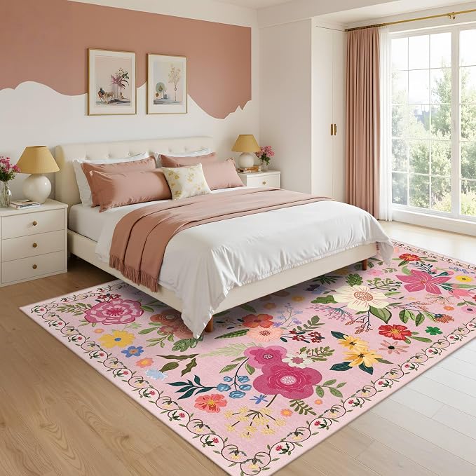 Latte&Fog Floral Area Rugs 6x9, Large Washable Pink Rugs for Living Room | for Dining Kitchen Kids Nursery Playroom Guest Room Classroom Dorm Farmhouse Office, Non Slip Low Pile Soft Floral Carpets