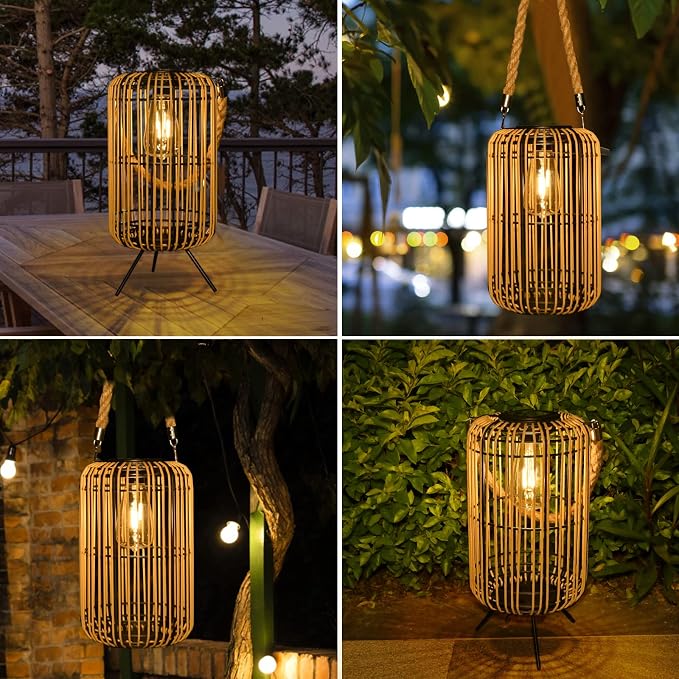 Livinlarge Solar Lantern Outdoor Waterproof,Large Rattan Lantern Outdoor Hanging with Handle,Bright Solar Lights with Edison Bulb for Garden Patio Yard Tabletop Decoration