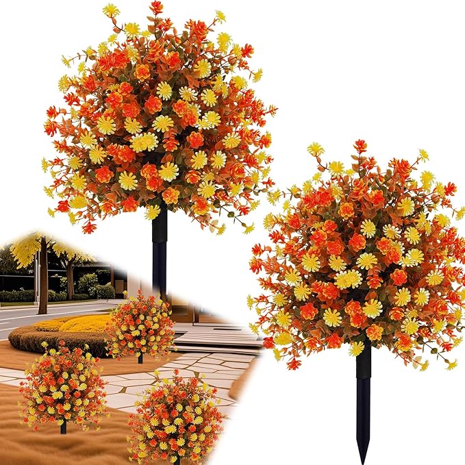 Spring Mums Flowers Artificial Topiary Ball Tree with Spike, Set of 2 Boxwood Ball Faux Shrubs Bushes with Orange Flowers,UV Resistant Fake Mums Plants for Front Porch Garden,23"