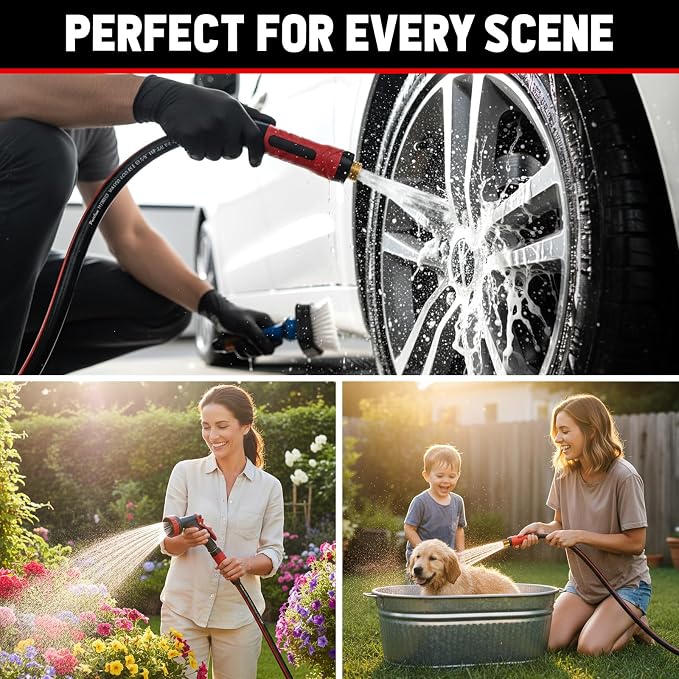 Garden Hose 75ft x 5/8", NON-EXPANDABLE Heavy Duty Premium Flexible Water Hose with 10 Function Spray Nozzle, No Kink, Leakproof, Lightweight Hybrid Hose with Swivel Handle, Male to Female Fittings
