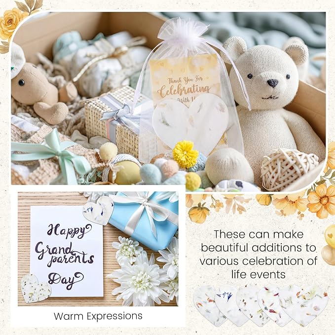Dunzoom 50 Sets Baby Shower Party Gifts for Guests Heart Shaped Seed Paper Handmade Flower Petals Tags Plantable Wildflower Seed Paper Recycled Thank You Cards and Organza Bags for Party Favors