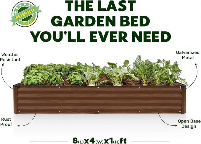 Plant & Plot Galvanized Raised Garden Beds Outdoor // 8×4×1 ft Planter Raised Beds for Gardening, Vegetables, Flowers (Dark Wood Grain) // Large Metal Garden Box // Patented Tool-Free Design