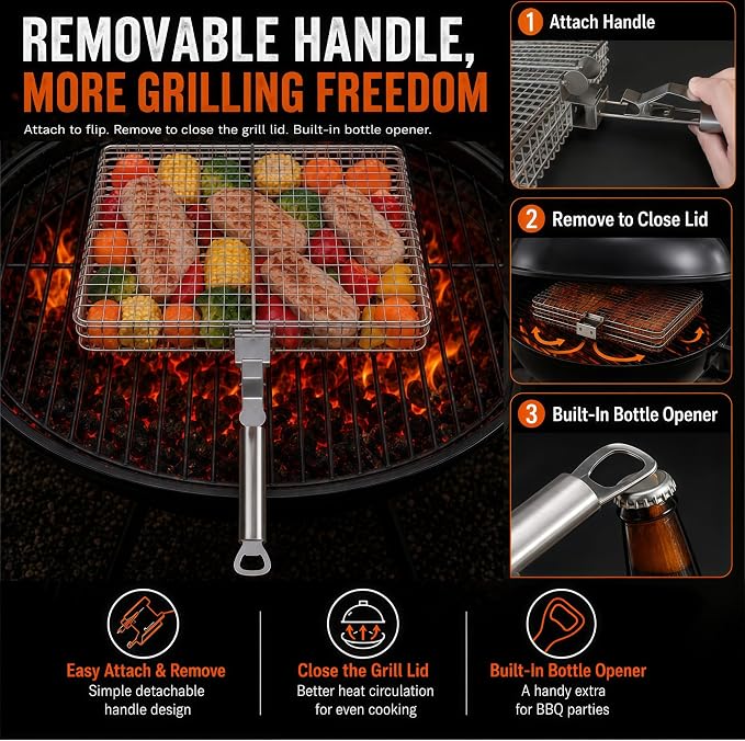 8-Piece BBQ Grill Basket Set - Stainless Steel Vegetable Grilling Basket with Detachable Handle & Lid, Portable Fish Grilling Basket & Meat Roaster, Grilling Gifts for Men Dad