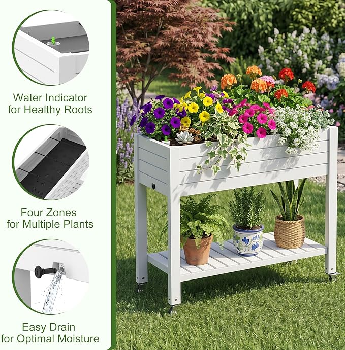 EFU Raised Garden Beds Outdoor, with Wheels & Extra Storage Shelf, Water Level Monitoring, Elevated Garden Bed, 21 Gallon Planter Raised Beds for Vegetables, Fruits, Backyard, Patio (Grayish White)