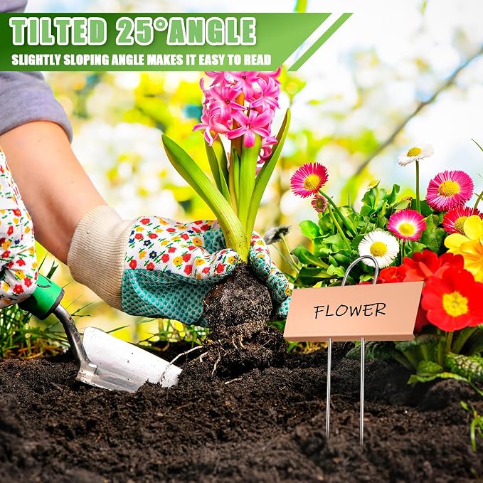 Maitys 38 Pcs Metal Plant Labels Garden Markers Outdoor Weatherproof 10.6 Inch Stainless Steel Nursery Tags Reusable Bulk with Pens for Flower Fruit Vegetable Seedling (Rose Gold Label with Black Ink)