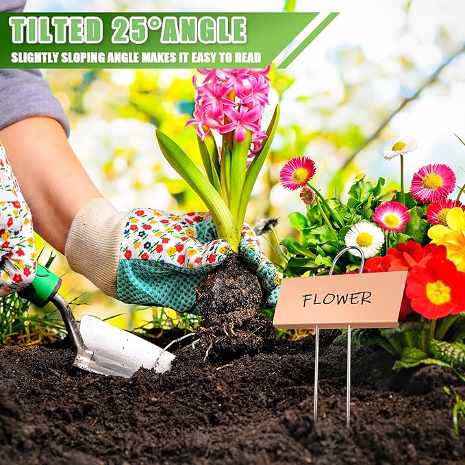 Maitys 62 Pcs Metal Plant Labels Garden Markers Outdoor Weatherproof 10.6 Inch Stainless Steel Nursery Tags Reusable Bulk with Pens for Flower Fruit Vegetable Seedling (Rose Gold Label with Black Ink)