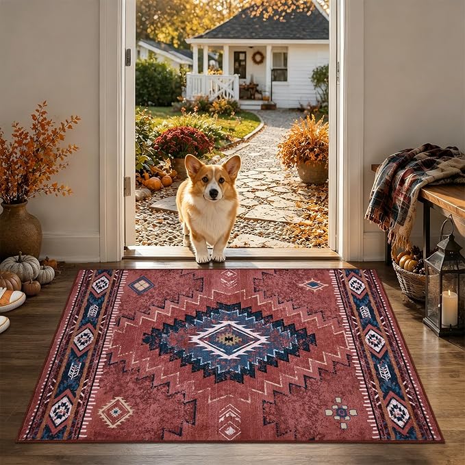 Yinhua 2x3 Area Rug Non-Slip, Western Entryway Rugs Low-Pile | Rust Aztec Washable Rug Stain Resistant, Soft Fall Front Door Rugs with Rubber Backing for Bathroom Kitchen Hallway