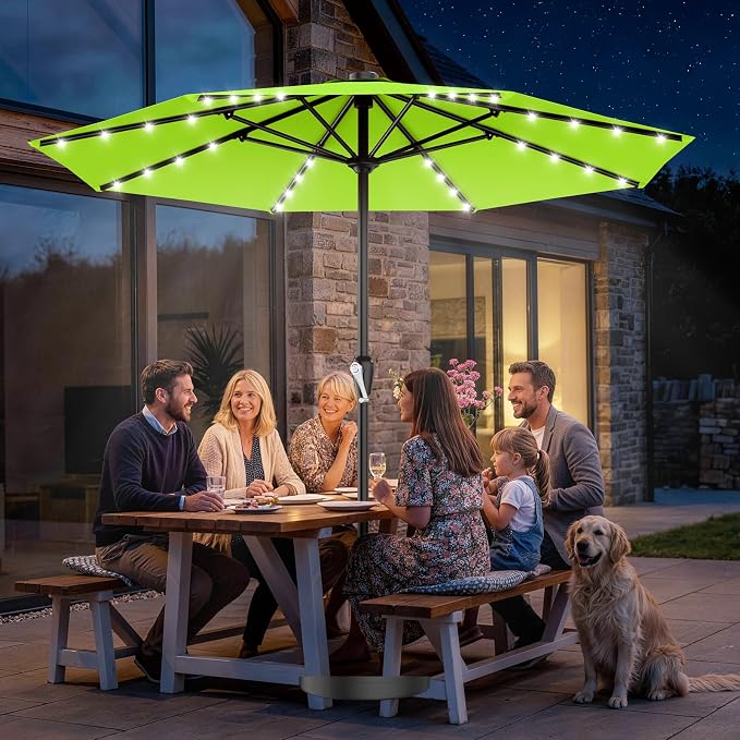 AreShark 12FT Large Patio Umbrella with Solar Lights, Solar Powered Outdoor Umbrella with Crank, Patio Table Market Umbrellas for Garden, Deck, Backyard, Pool and Beach, Apple Green