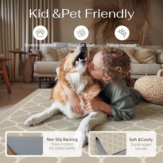 Beige 6x9 Washable Area Rug Living Room Non Slip Large Carpet | Soft, Low Pile, Easy Clean, Indoor Rugs for Bedroom, Office, Nursery, Dining Room, Kids Room, Modern Neutral Decor