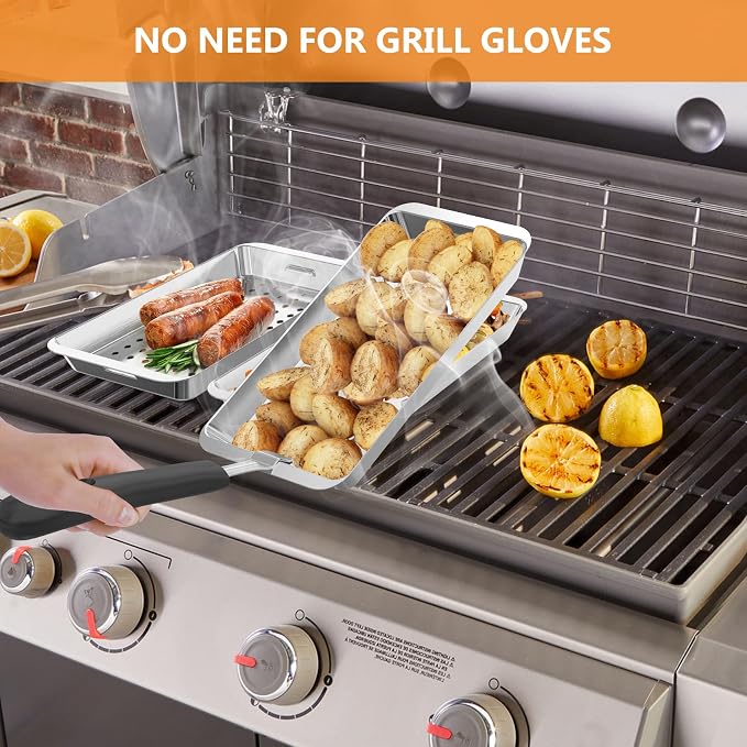 Onlyfire Grill Basket Set, 5PCS Stainless Steel Grill Pan - Include 3 Grilling Baskets, a Serving Tray and Removable Handle, Great for Grilling Fish, Meat, Veggies