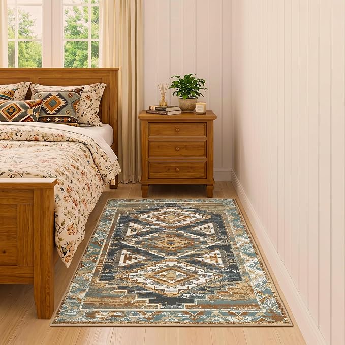 Washable 3x5 Area Rug for Bedroom, Rustic Farmhouse Low-Pile Non-Slip Carpet, Stain Resistant Vintage Southwestern Small Rug for Kitchen Entryway Office, Blue Rust Ivory