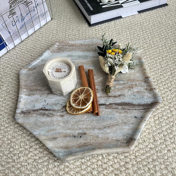 Real Natural Marble Octagon Tray 10.2in Solid Stone Decorative Plate | Luxury Grey Marble Decor Tray for Candle, Jewelry, Plant. Food-Safe Solid Stone Serving Dish with Unique Veining