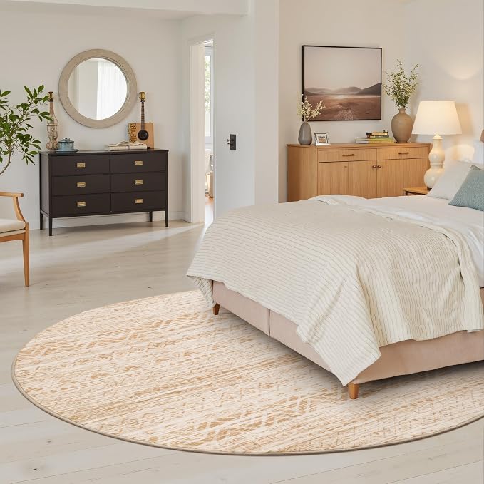 Miukiki Round Rugs 8ft Washable Moroccan Circle Rug for Living Room Beige | Non Slip Indoor Floor Carpet Foldable Area Rug for Dining Room with Low Pile 8ft