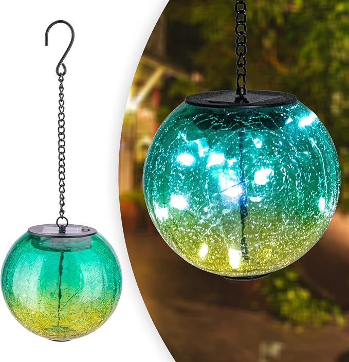 Mosaic Solar Hanging Lantern Green Glass Outdoor Waterproof Solar Lights | Hanging Solar Lights for Outside, Cracked Mosaic Ball Lights Solar Powered Waterproof Garden Lights Housewarming Gifts