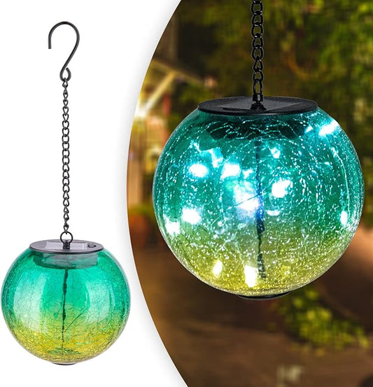 Mosaic Solar Hanging Lantern Green Glass Outdoor Waterproof Solar Lights | Hanging Solar Lights for Outside, Cracked Mosaic Ball Lights Solar Powered Waterproof Garden Lights Housewarming Gifts