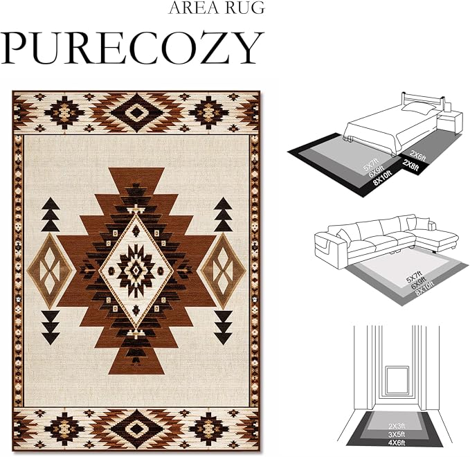 Western Rug 3x5 Area Rug for Bedroom Southwestern Aztec Rugs | Machine Washable Southwest Tribal Navajo Rugs Low Pile Non-Slip Floor Carpet for Kitchen Living Room Dining Room Bedroom